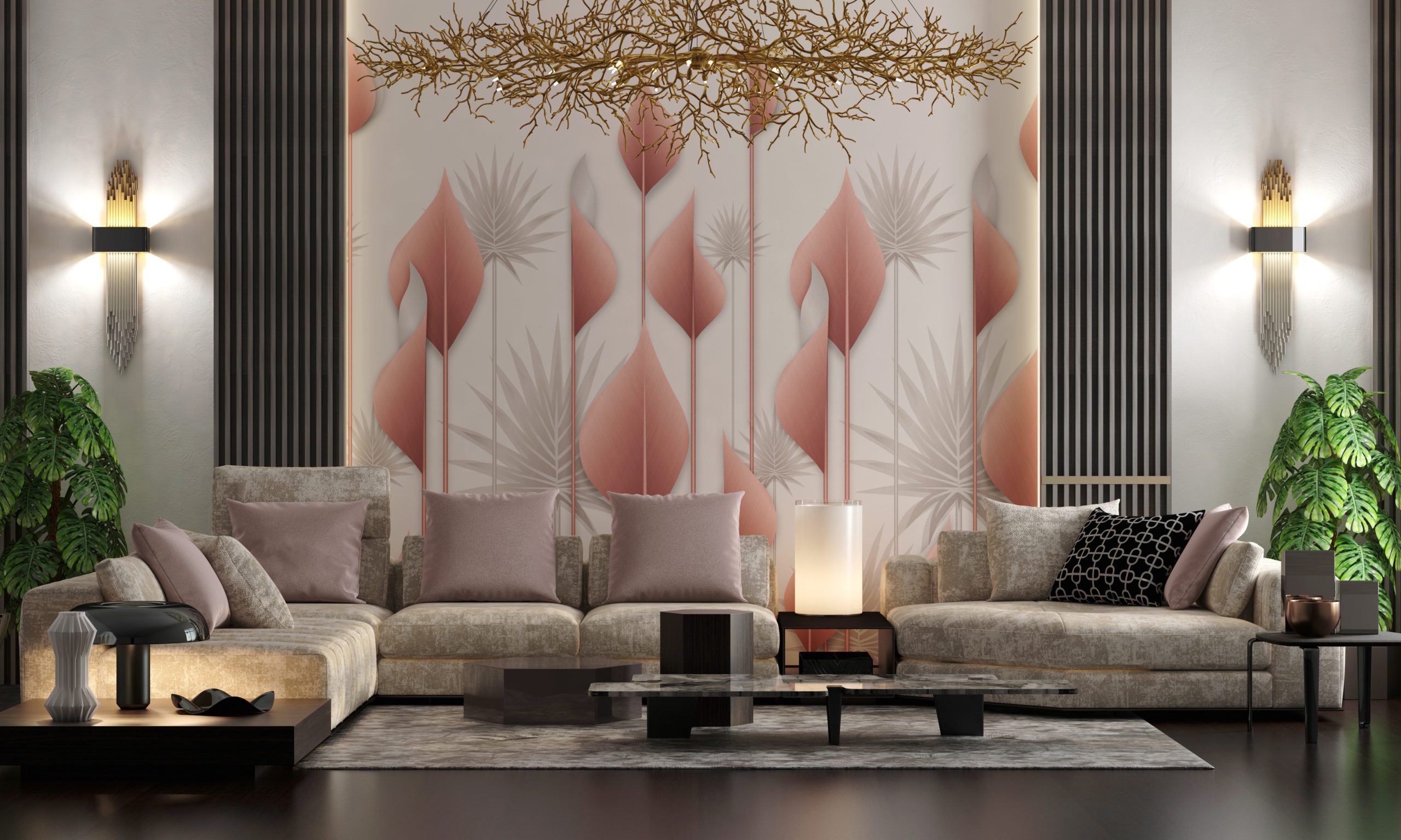 Modern Living Room Design And Decoration Of Wallpaper Of Plant B